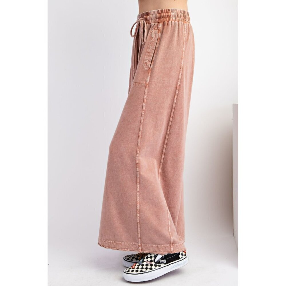 Cozy On The Go Mineral Washed Terry Knit Pants in Cinnamon - Picture 4 of 5